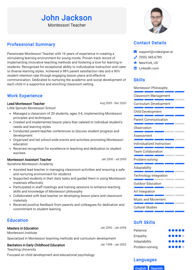 Montessori Teacher Resume Example for 2025: Free Guide