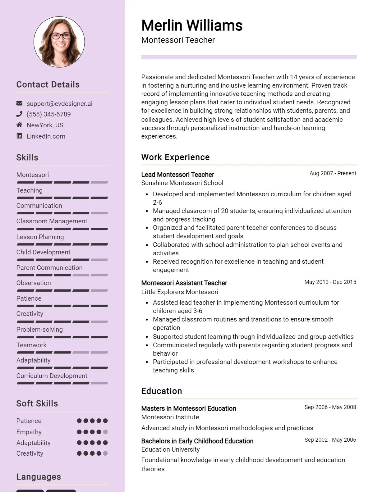 Montessori Teacher CV Example