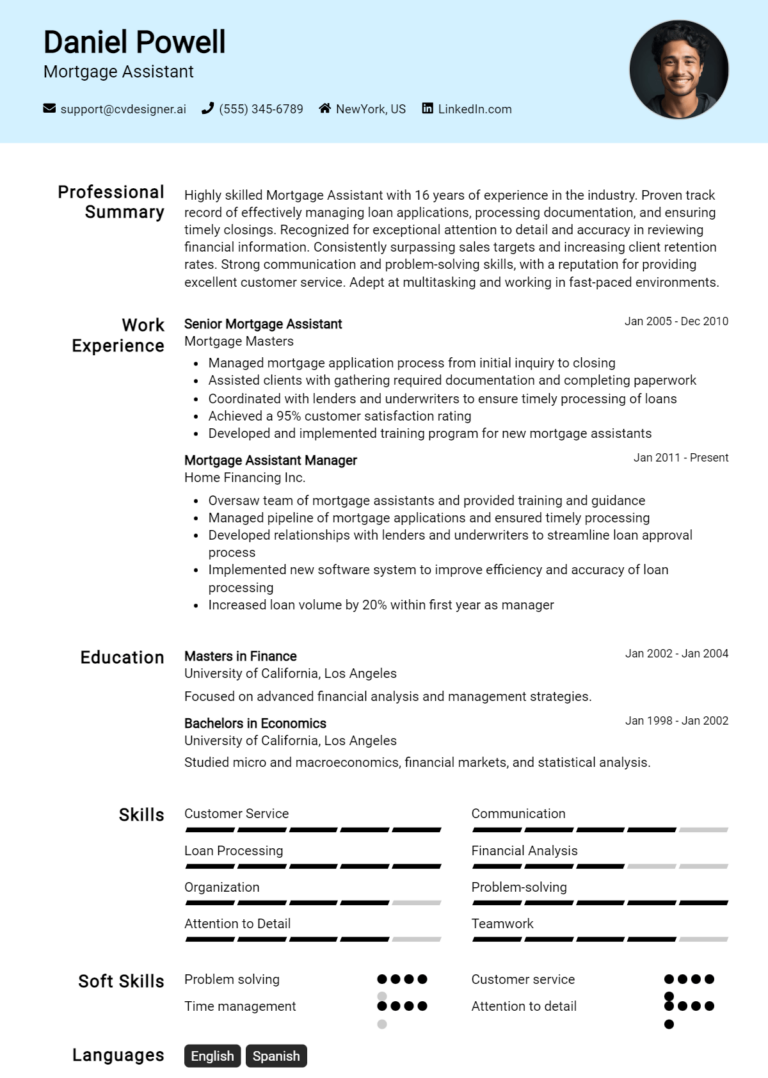 Mortgage Assistant Resume Example for 2025: Best Tips & Templates