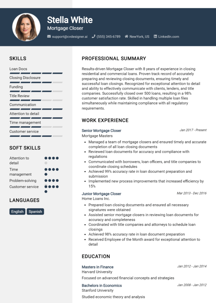 Mortgage Closer Resume Example