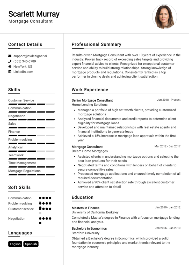 Mortgage Consultant Resume Example