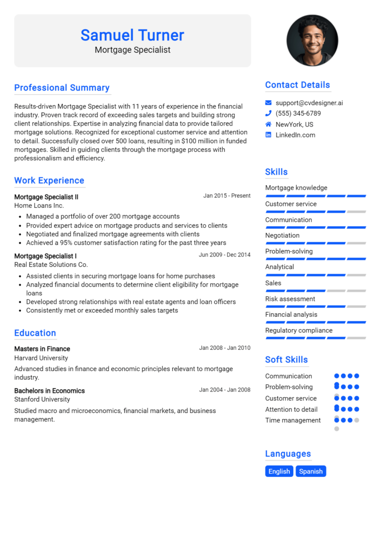Mortgage Specialist Resume Example for 2025: Free Downloadable Templates