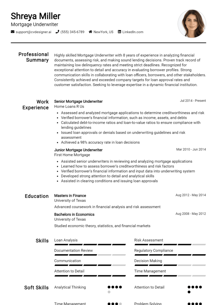 Mortgage Underwriter Resume Example