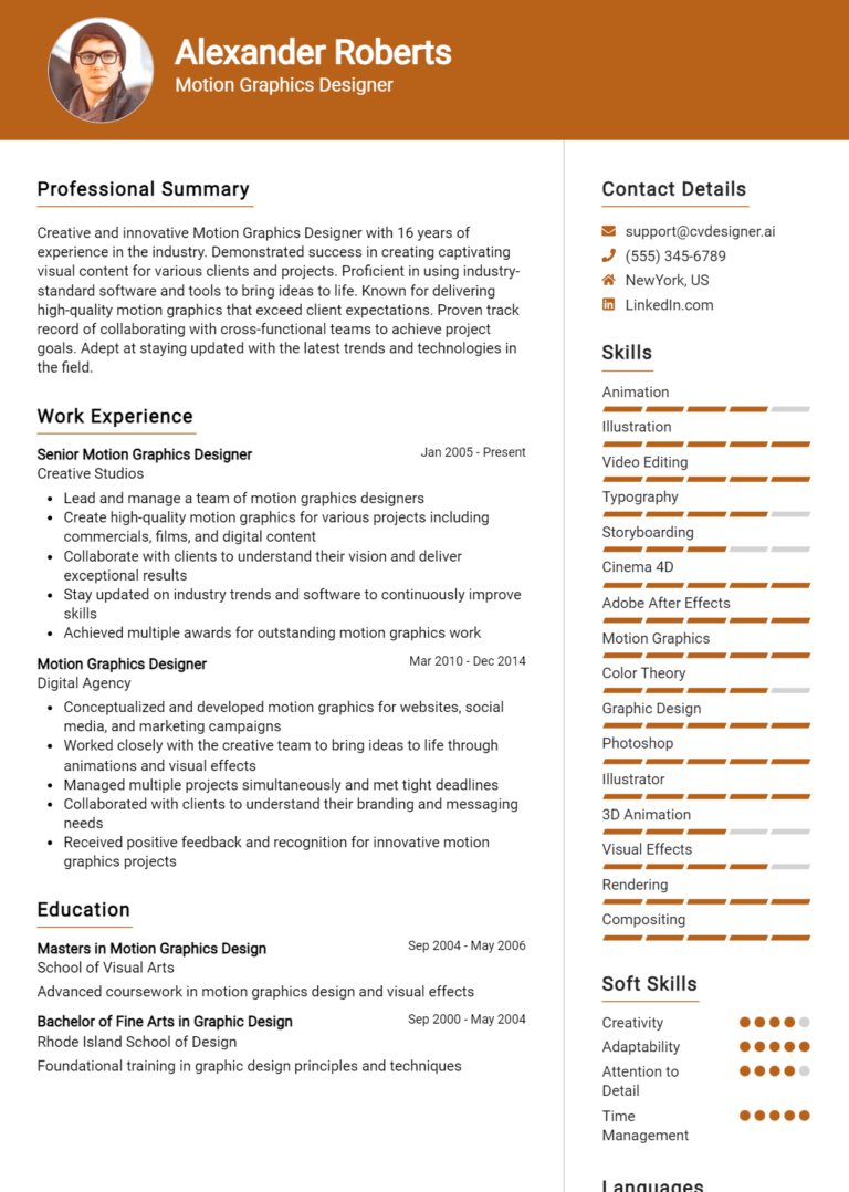 Motion Graphics Designer Resume Example for 2025: Free Templates