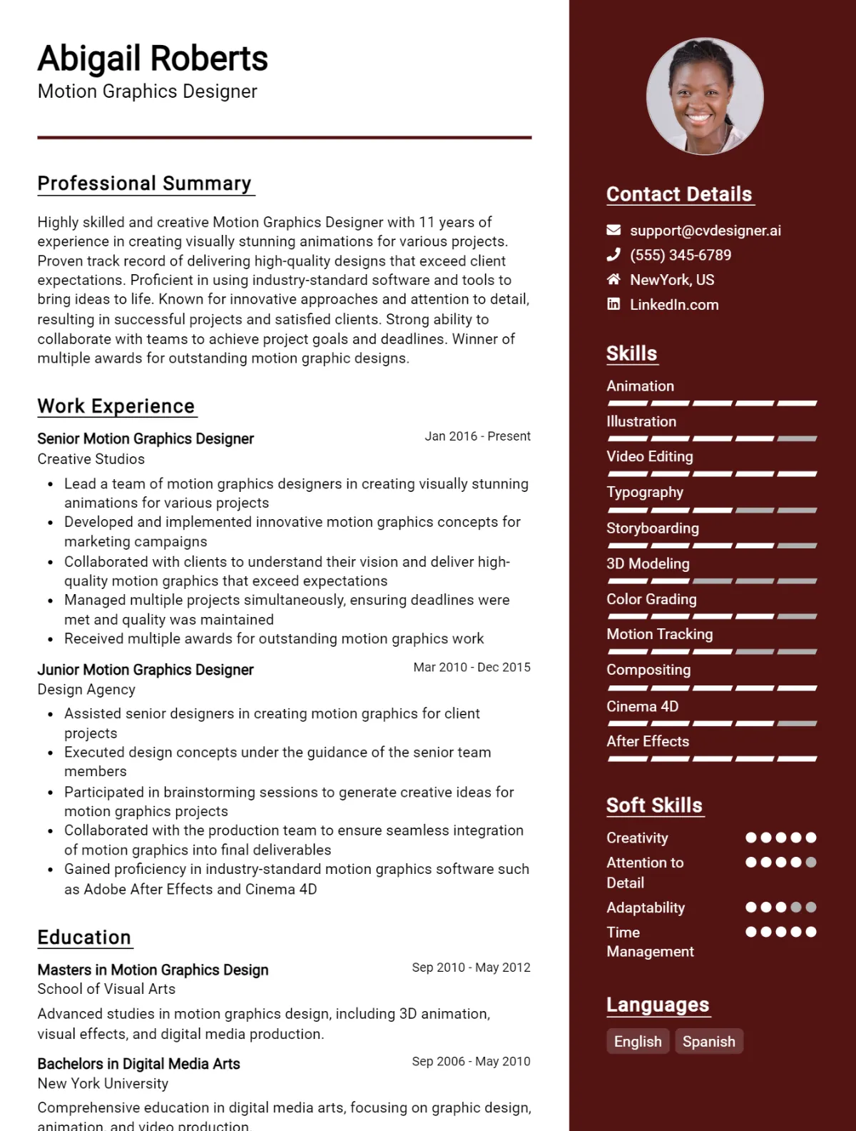 Motion Graphics Designer CV Example