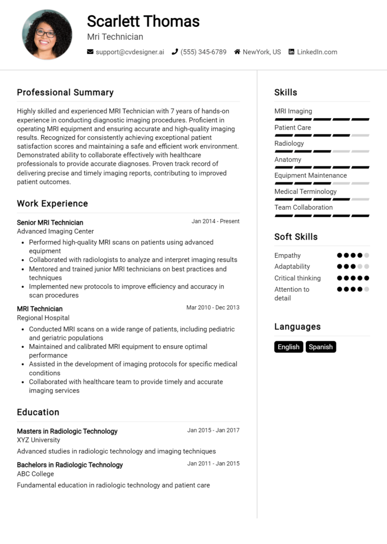 Mri Technician Resume Example for 2025: Professional CV Templates