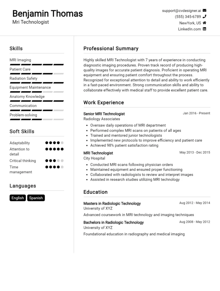 MRI Technologist CV Example For 2025: Ultimate Guide