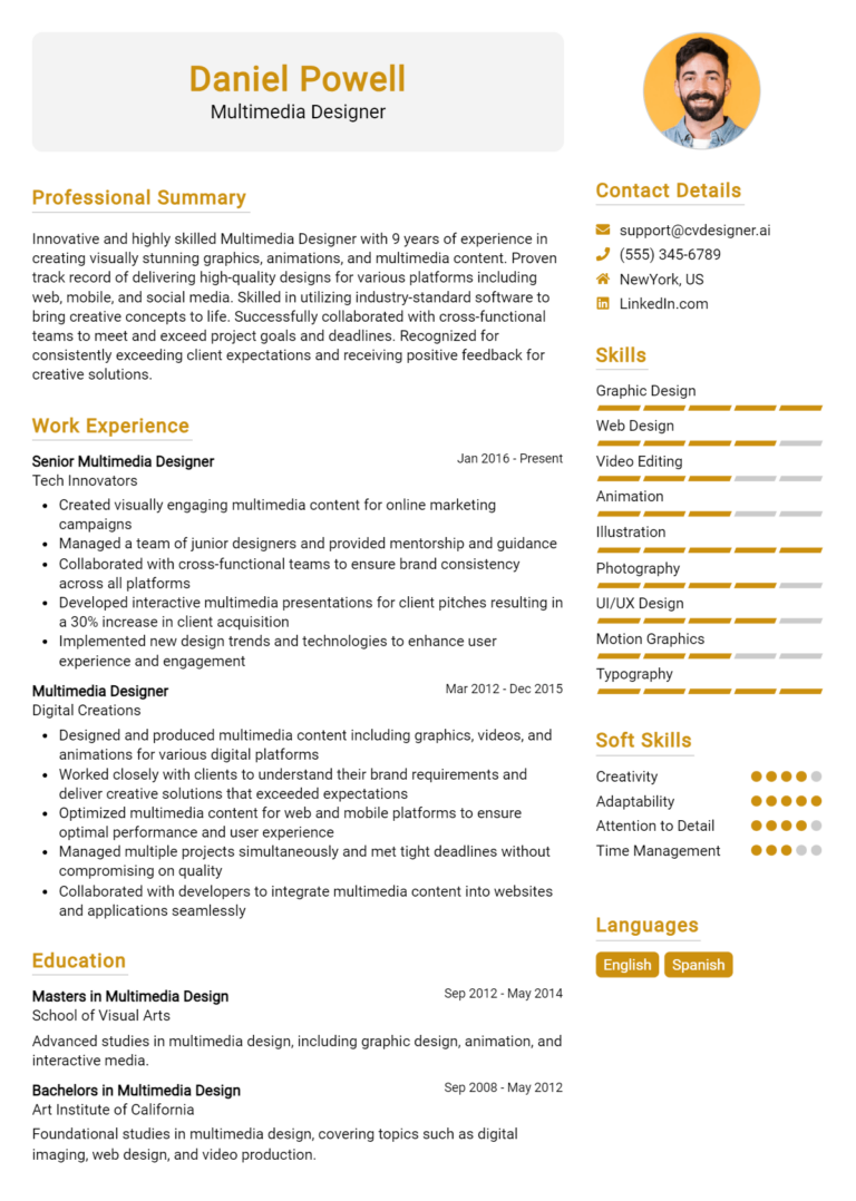 Multimedia Designer Resume Example for 2025: Free Examples