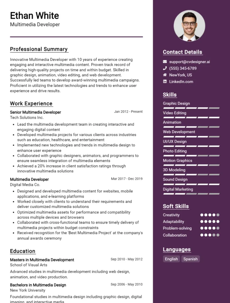 Multimedia Developer CV Example For 2025: Tips & Templates