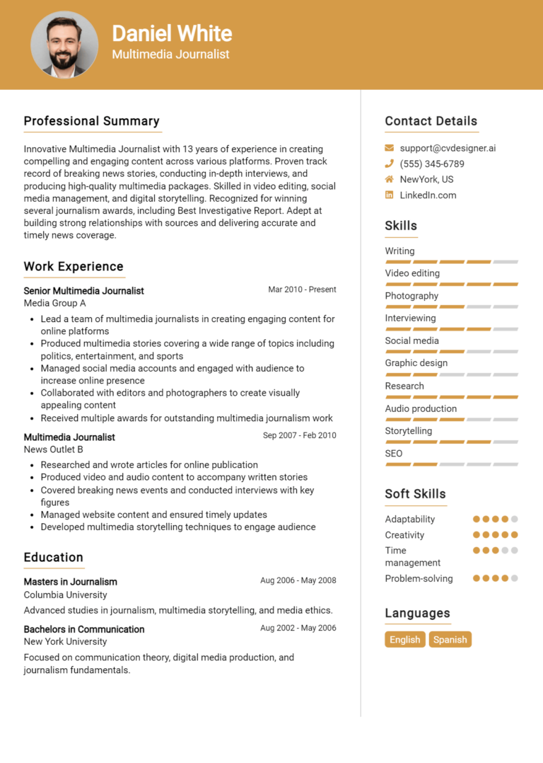 Multimedia Journalist Resume Example for 2025: Top Templates