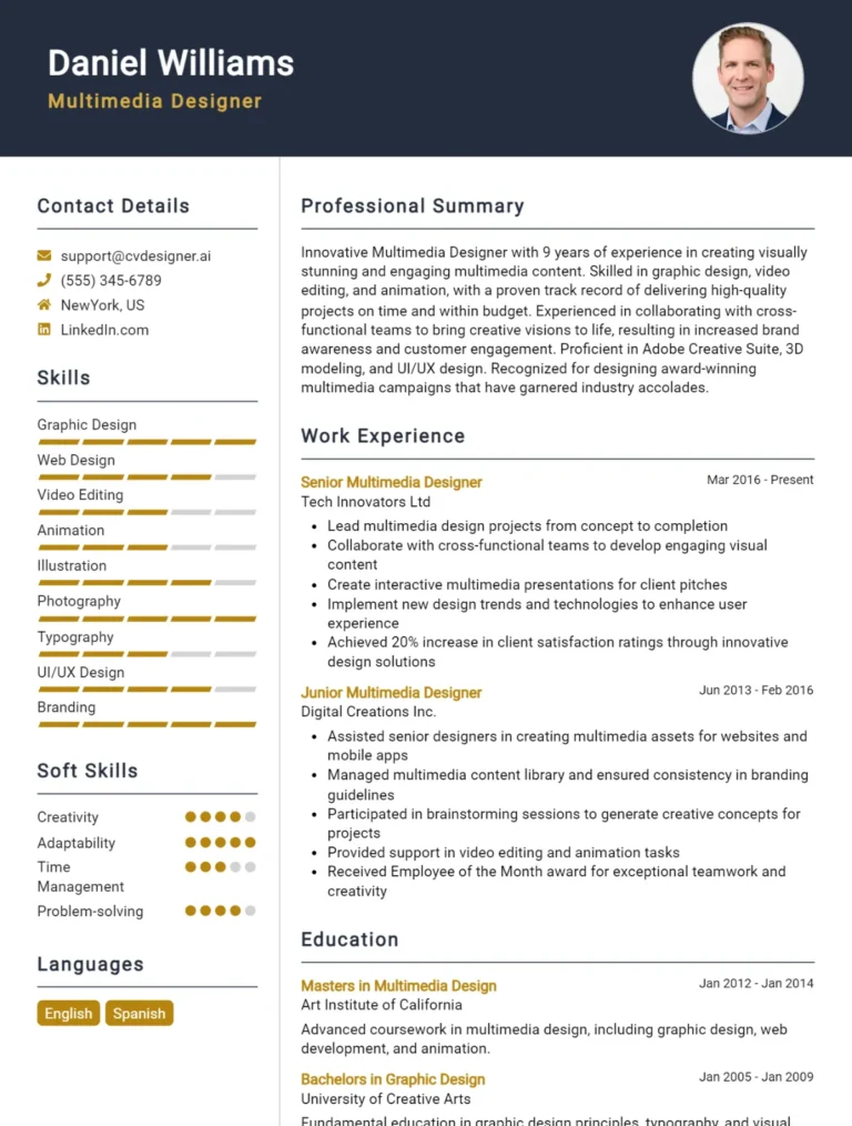 Multimedia Designer CV Example For 2025: Free Downloadable Templates