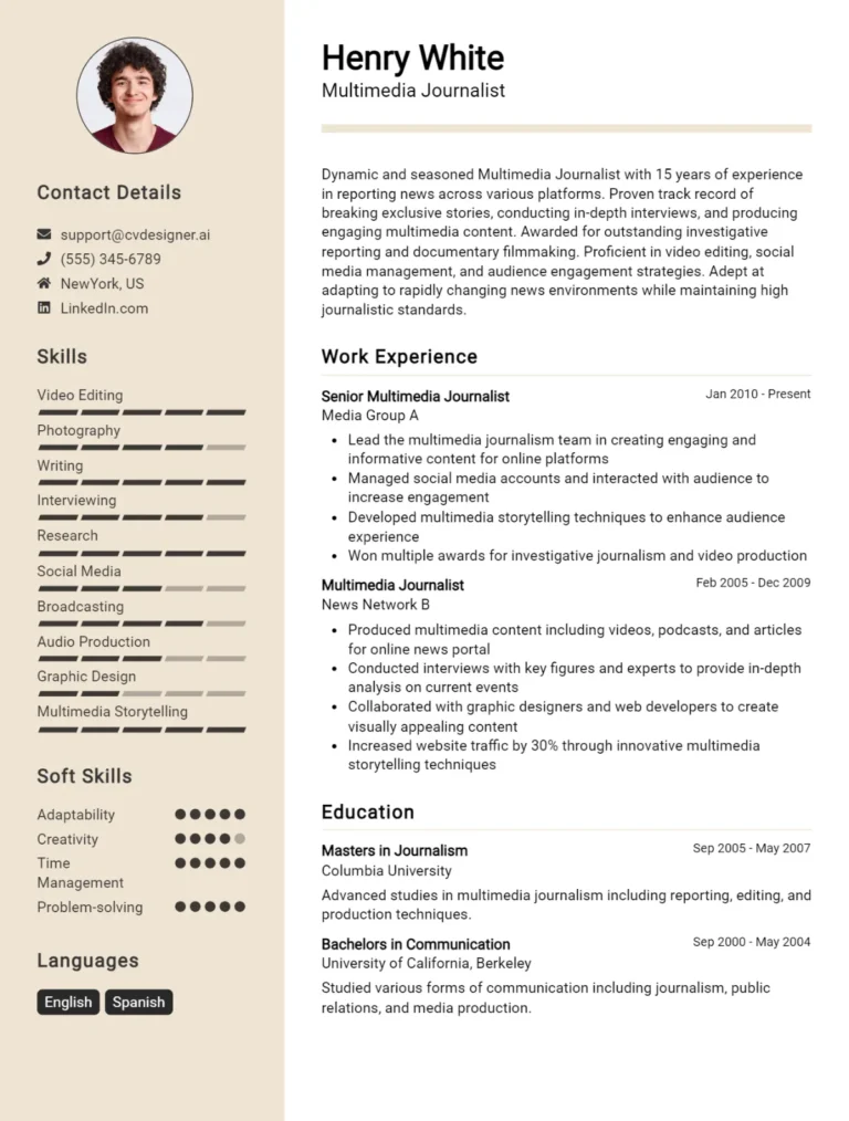 Multimedia Journalist CV Example For 2025: Ultimate Guide
