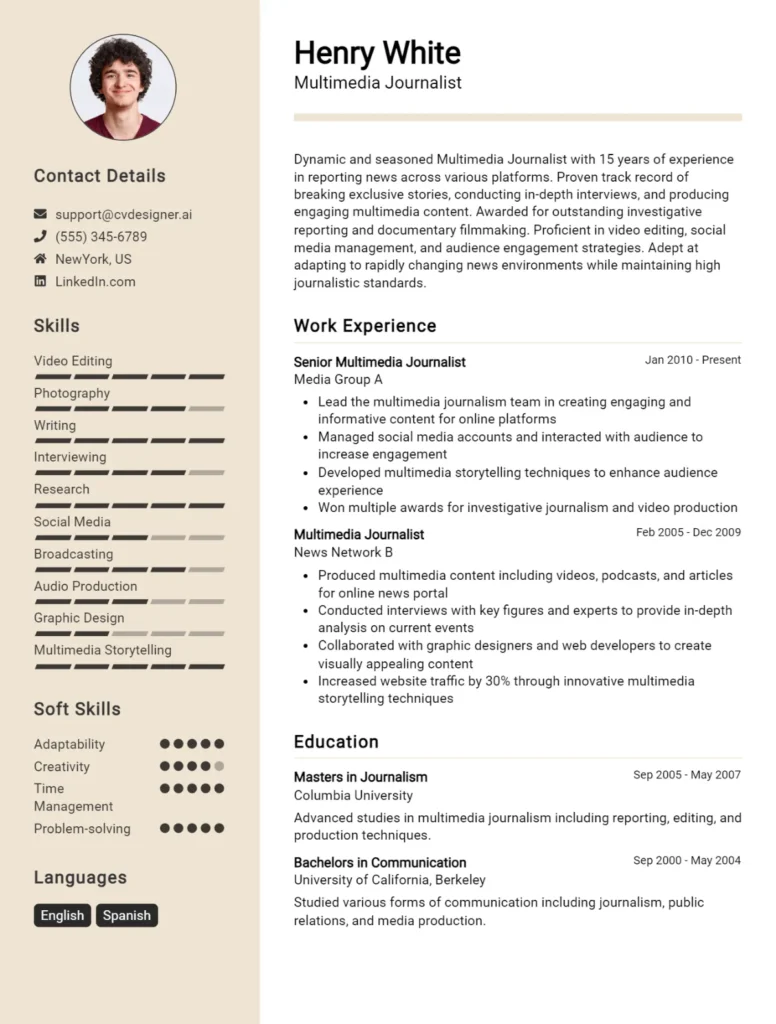 Multimedia Journalist CV Example