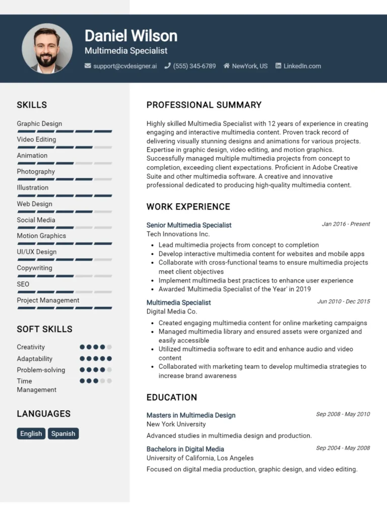 Multimedia Specialist CV Example For 2025: Best Formatting Tips