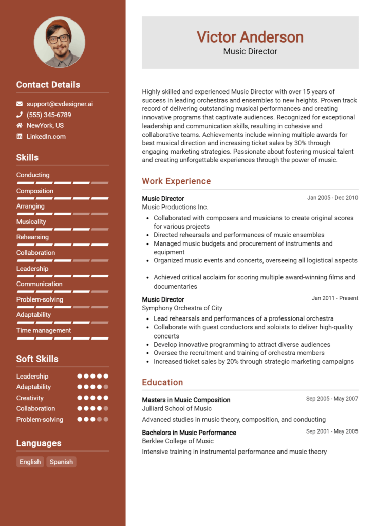 Music Director Resume Example for 2024: Free Templates - CVDesigner.ai