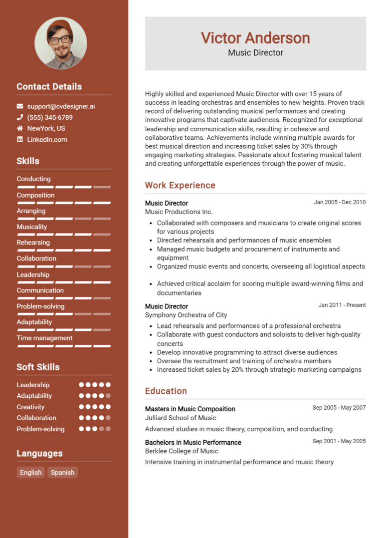Music Director Resume Example for 2025: Free Templates