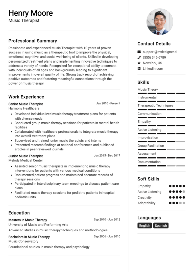 Music Therapist Resume Example for 2025: Effective Tips