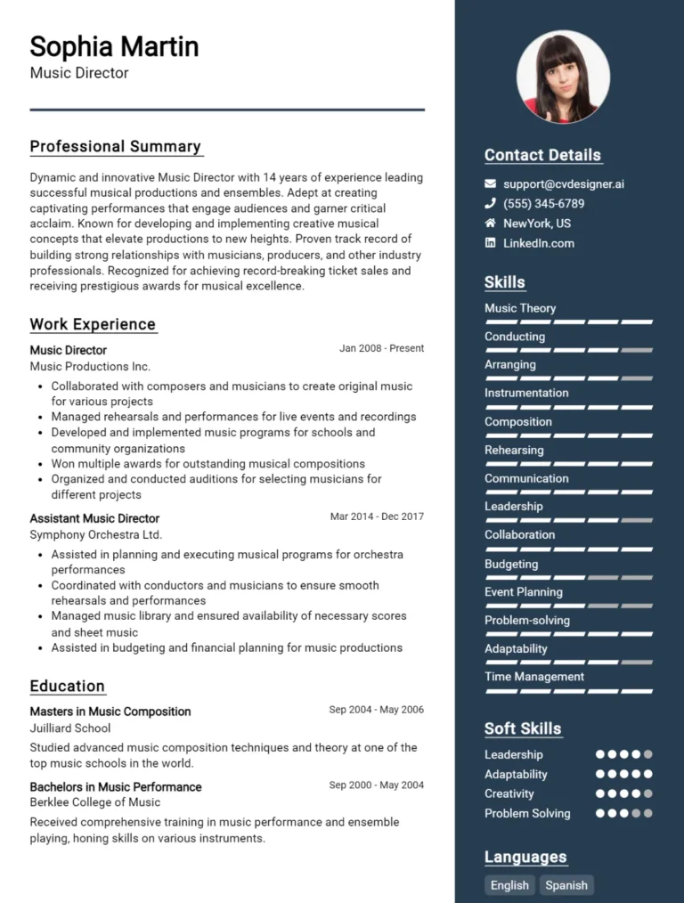 Music Director CV Example For 2025: Free Professional Templates