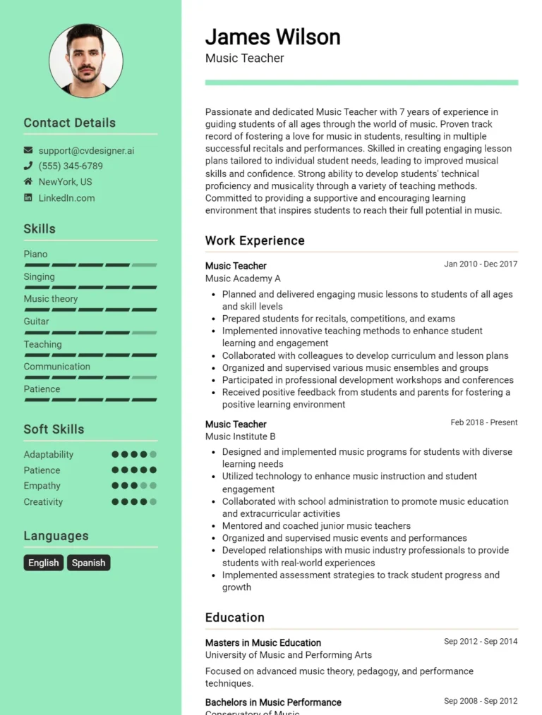 Music Teacher CV Example For 2025: Top CV Skills