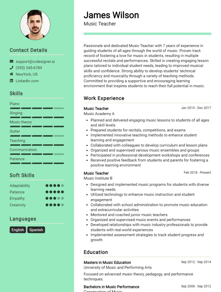 Music Teacher CV Example