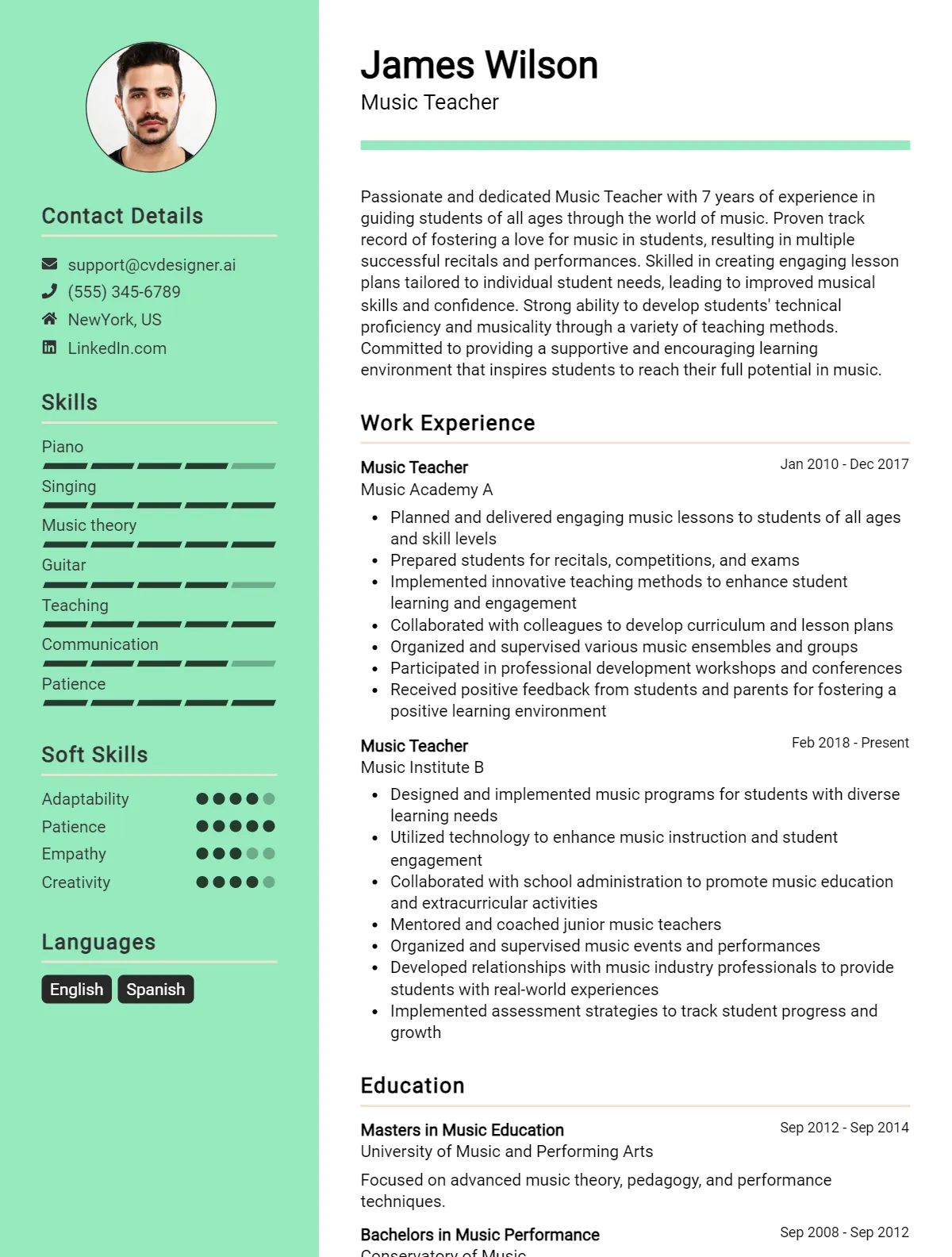 Music Teacher CV Example For 2024: Top CV Skills - CVDesigner.ai