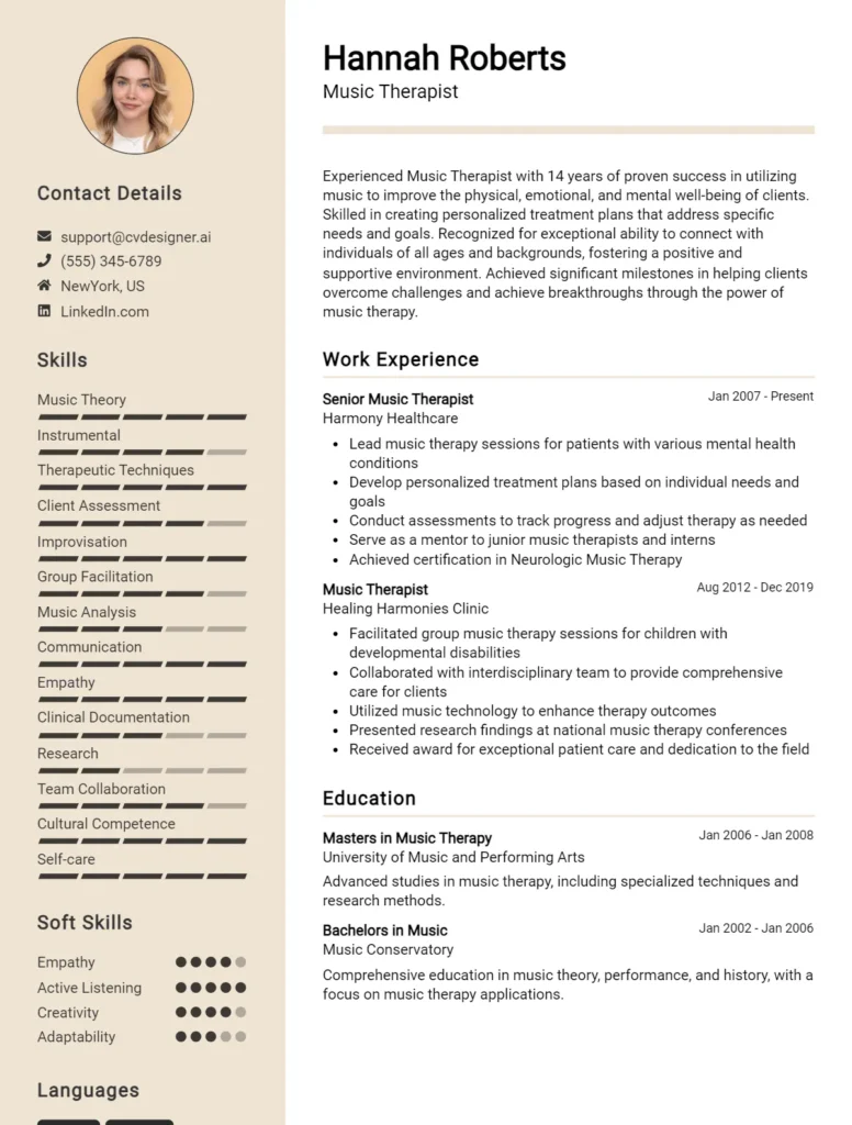 Music Therapist CV Example