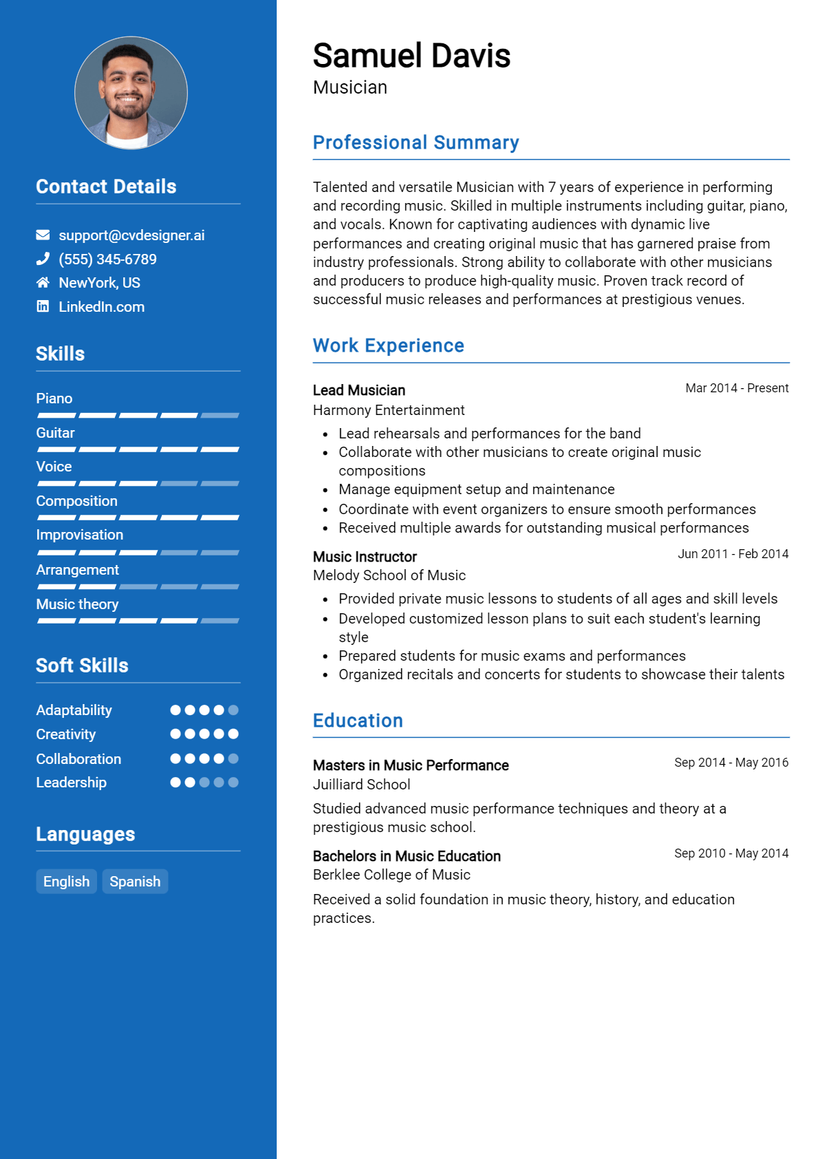 Musician Resume Example for 2024: Best Writing Tips - CVDesigner.ai