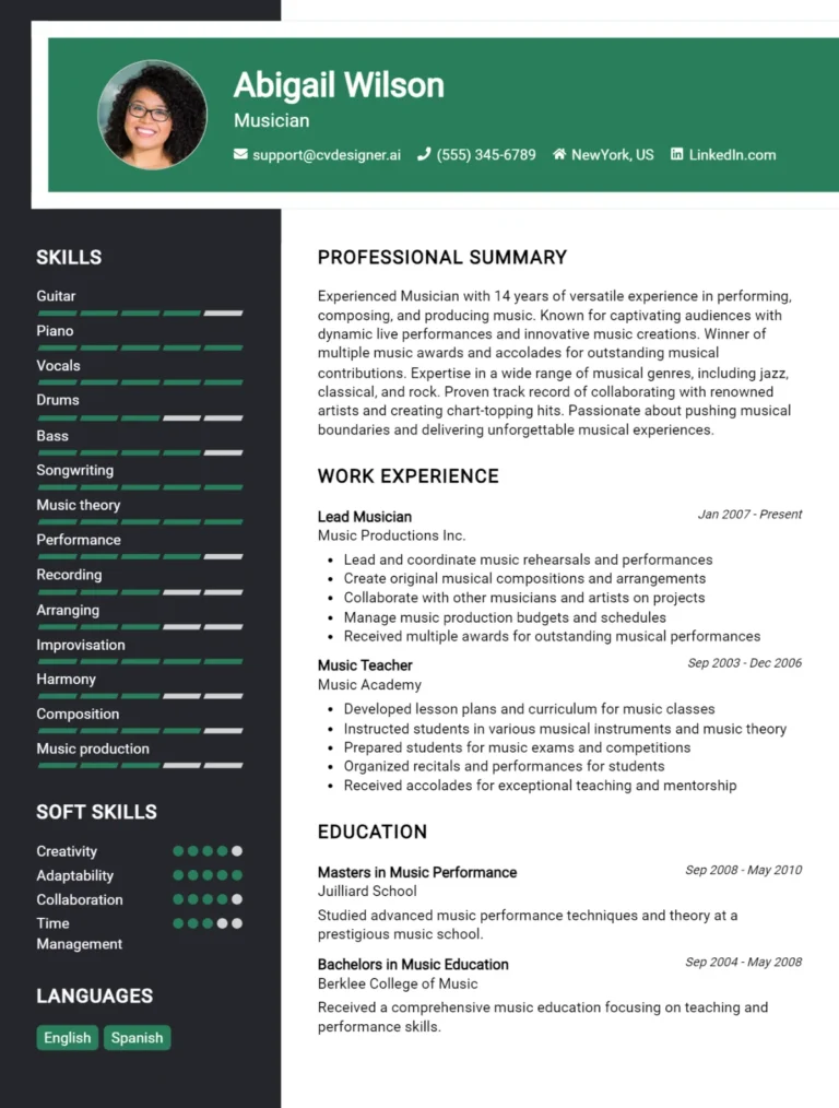 Musician CV Example For 2025: Samples & Best Practices