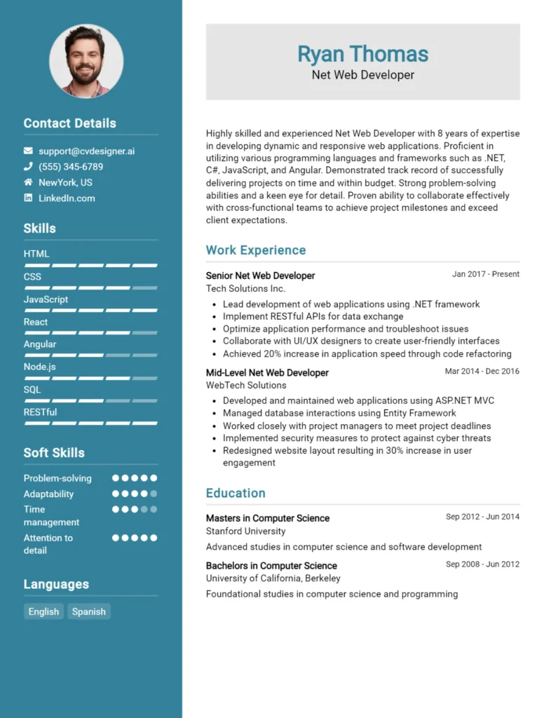 Net Web Developer CV Example