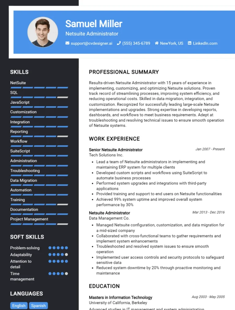 Netsuite Administrator CV Example For 2025: Best Formatting Tips