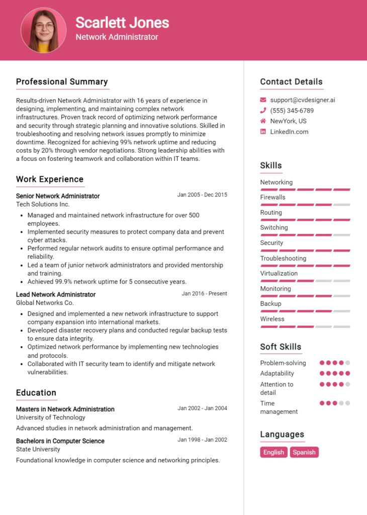 Network Administrator Resume Example for 2024: Best Tips - CVDesigner.ai