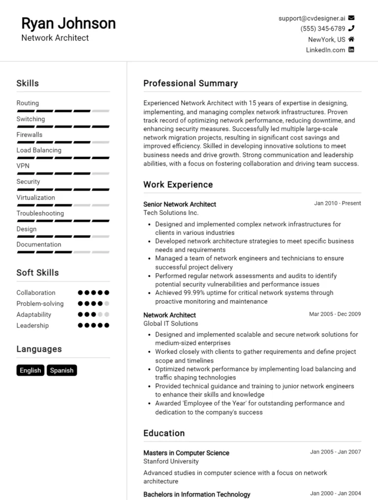 Network Architect CV Example For 2025: Professional CV Templates