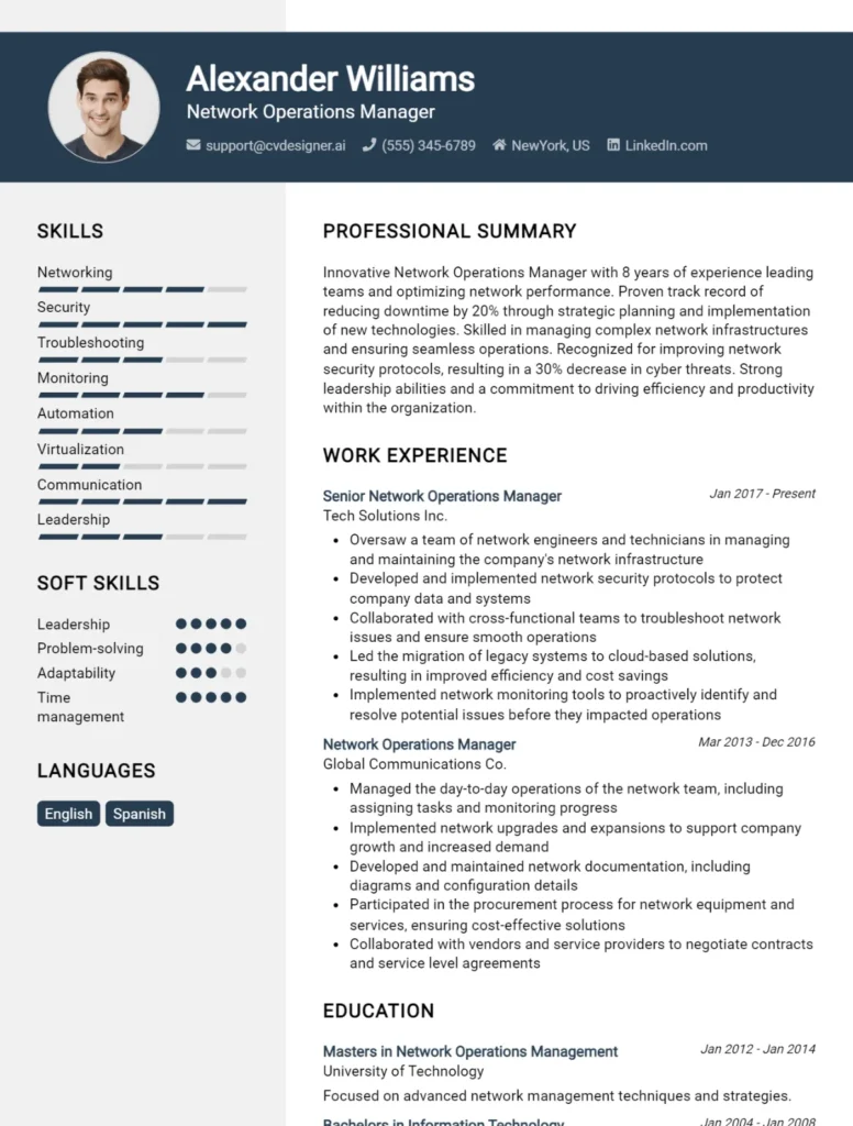 Network Operations Manager CV Example