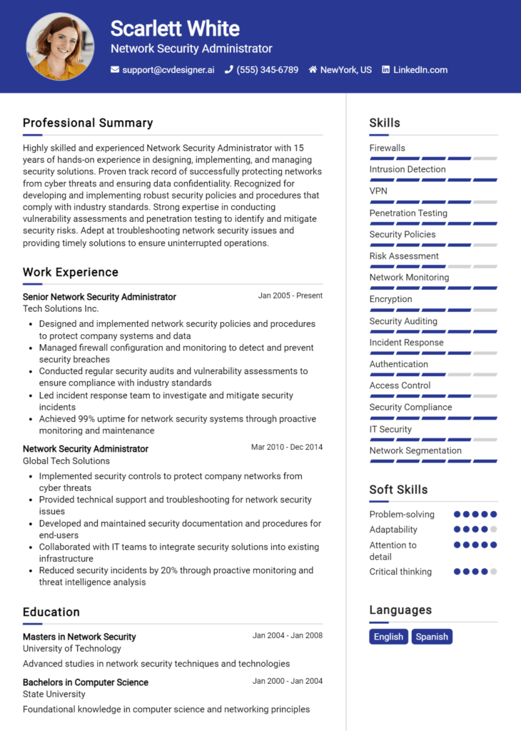 Network Security Administrator Resume Example