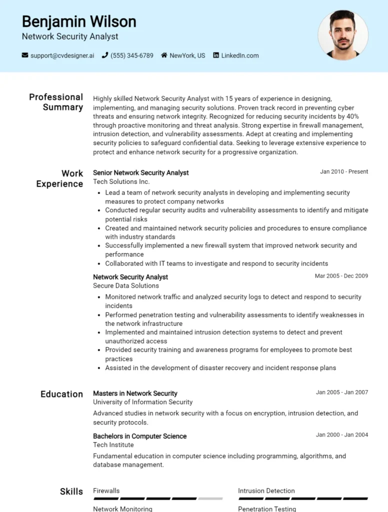 Network Security Analyst CV Example