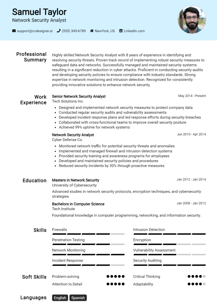 Network Security Analyst Resume Example