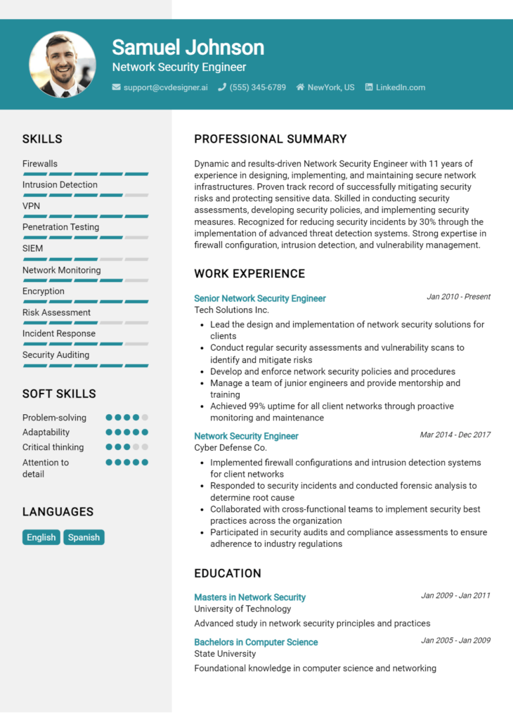 18 Network Engineer Resume Examples And Templates for 2024 - CVDesigner.ai