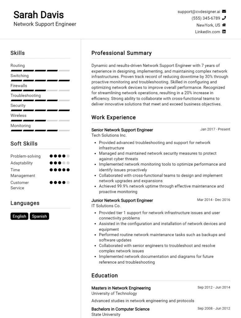 Network Support Engineer CV Example