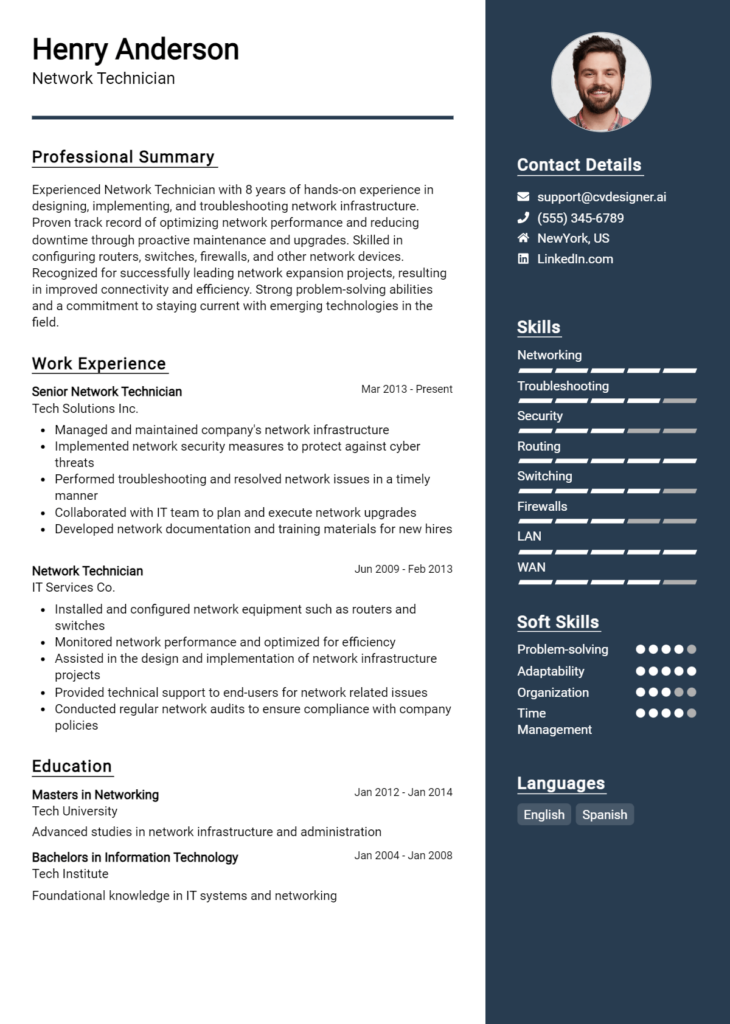 Network Technician Resume Example for 2024: Ultimate Guide - CVDesigner.ai