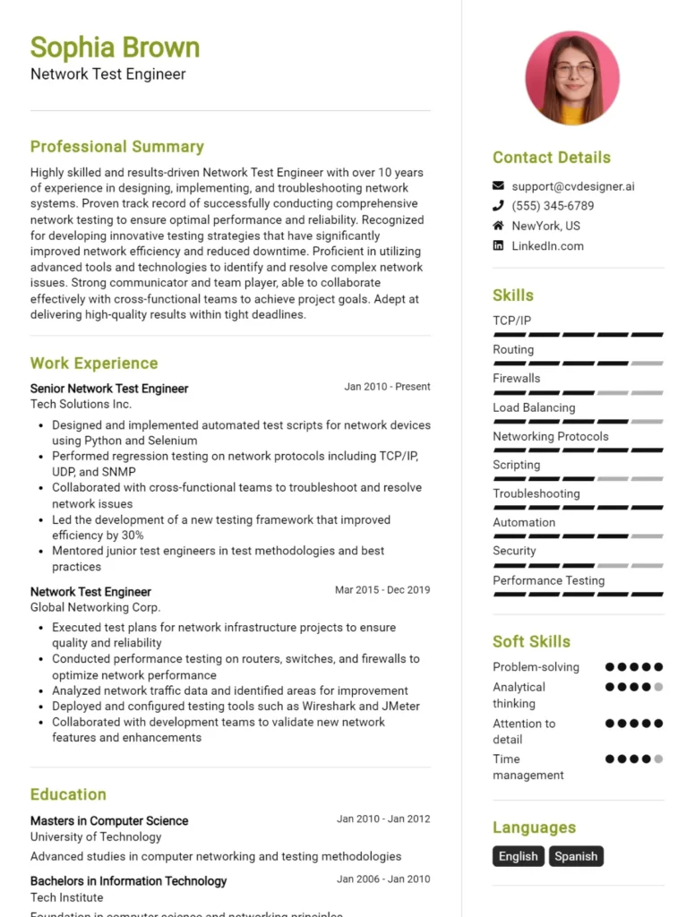 Network Test Engineer CV Example