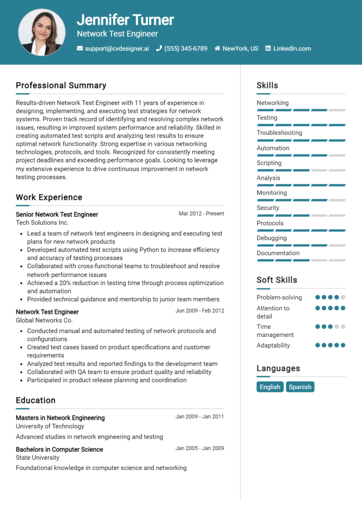 Network Test Engineer Resume Example