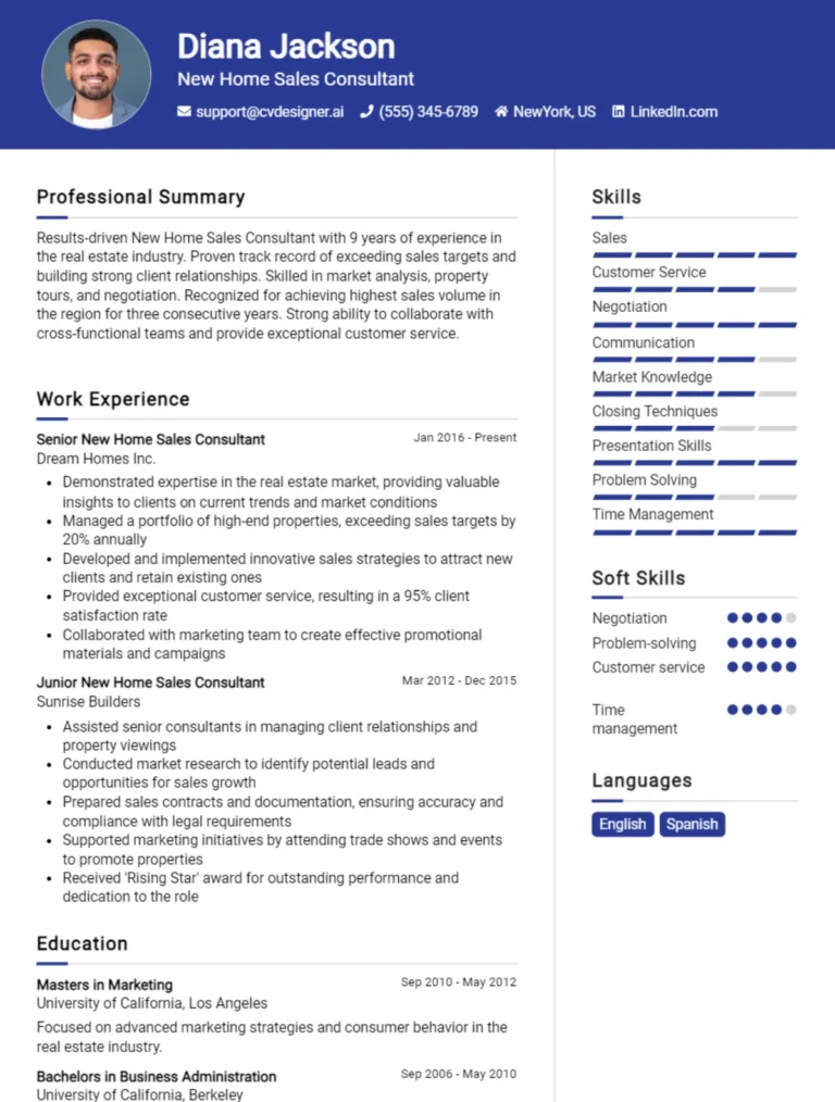 New Home Sales Consultant CV Example For 2025: Samples & Best Practices