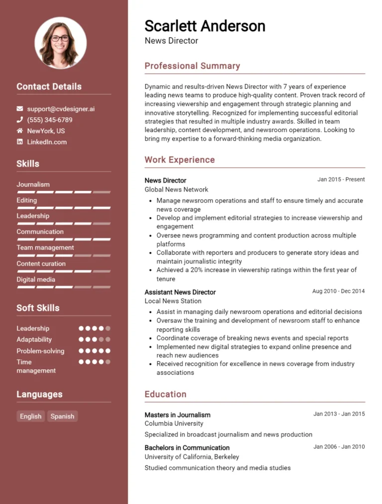 News Director CV Example For 2025: Free Professional Templates