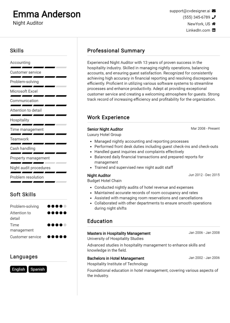 Night Auditor Resume Example for 2025: Best Writing Guide