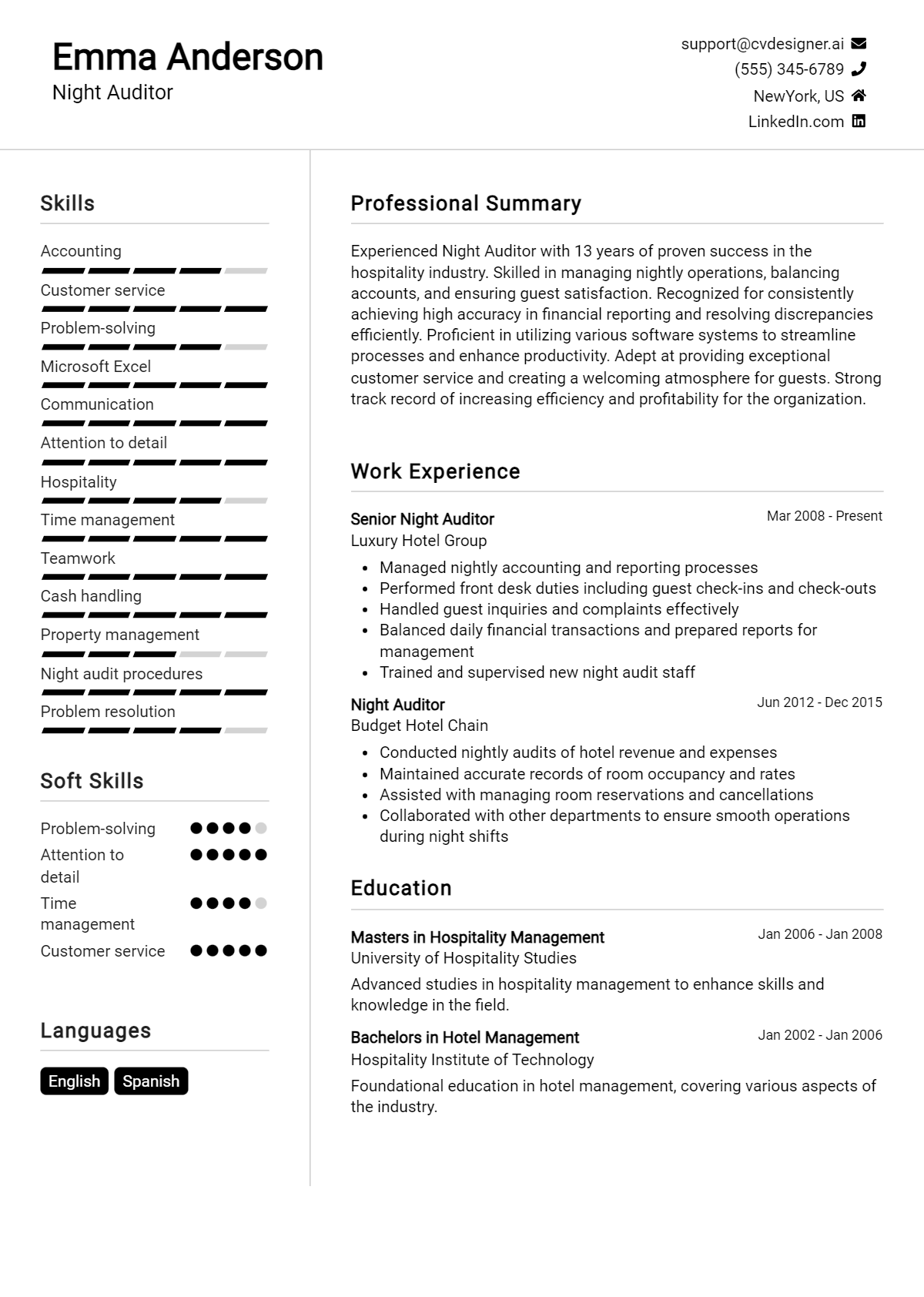 Night Auditor Resume Example