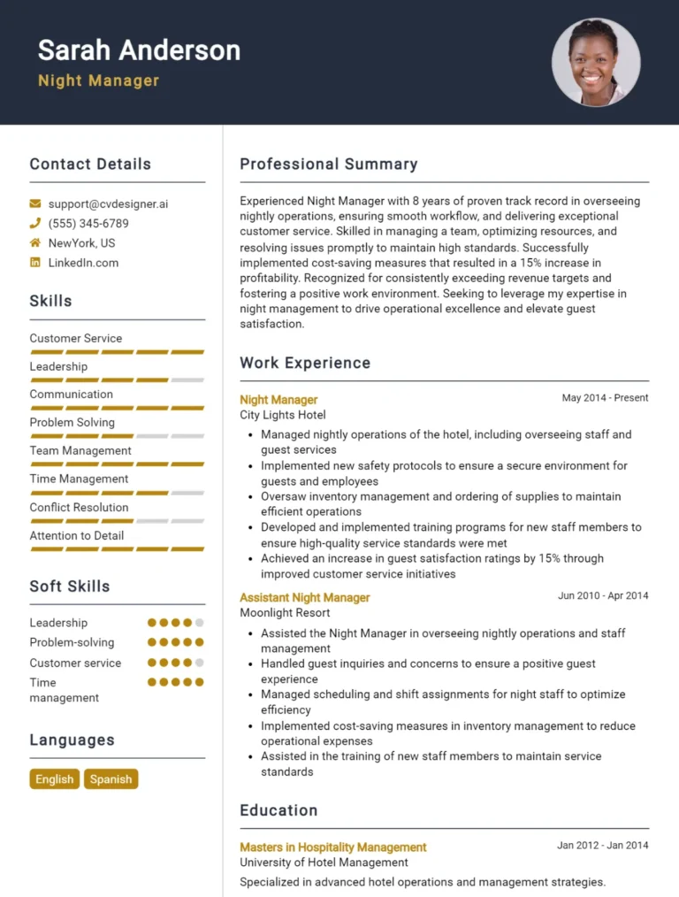 Night Manager CV Example For 2025: Top Tips & Samples