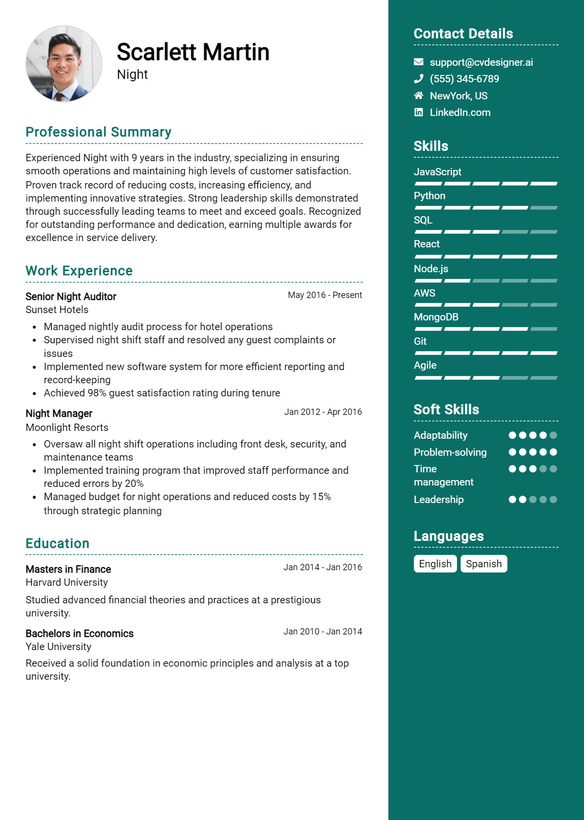 Night Resume Example