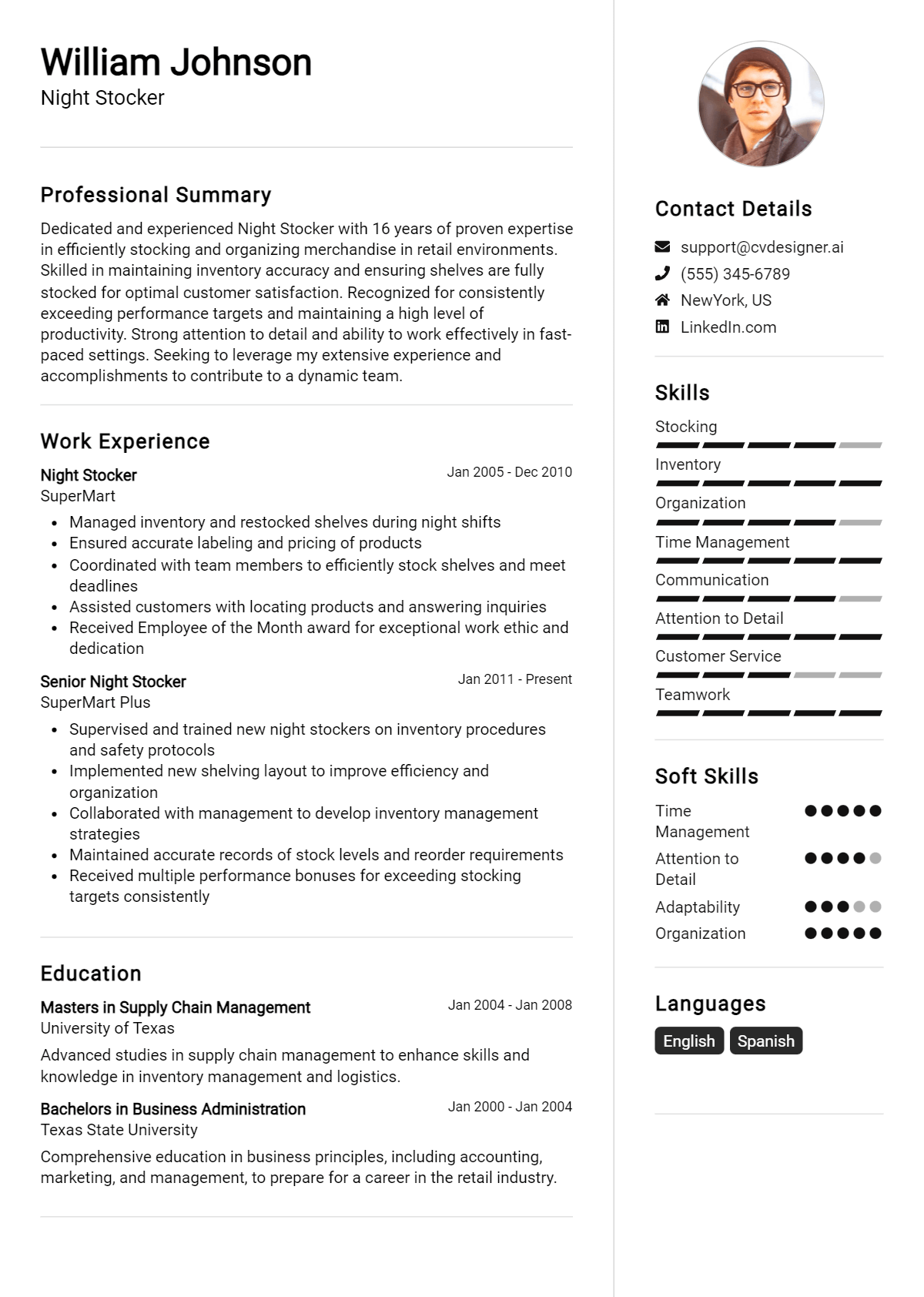 Night Stocker Resume Example