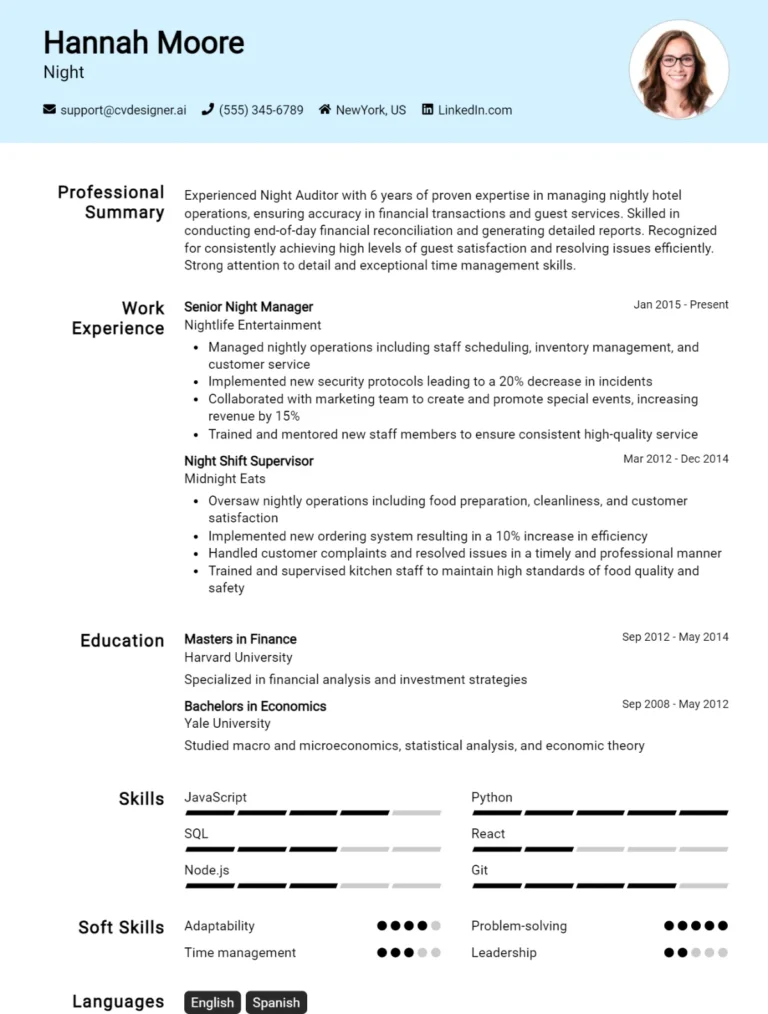 Night CV Example For 2025: Expert Tips & Templates