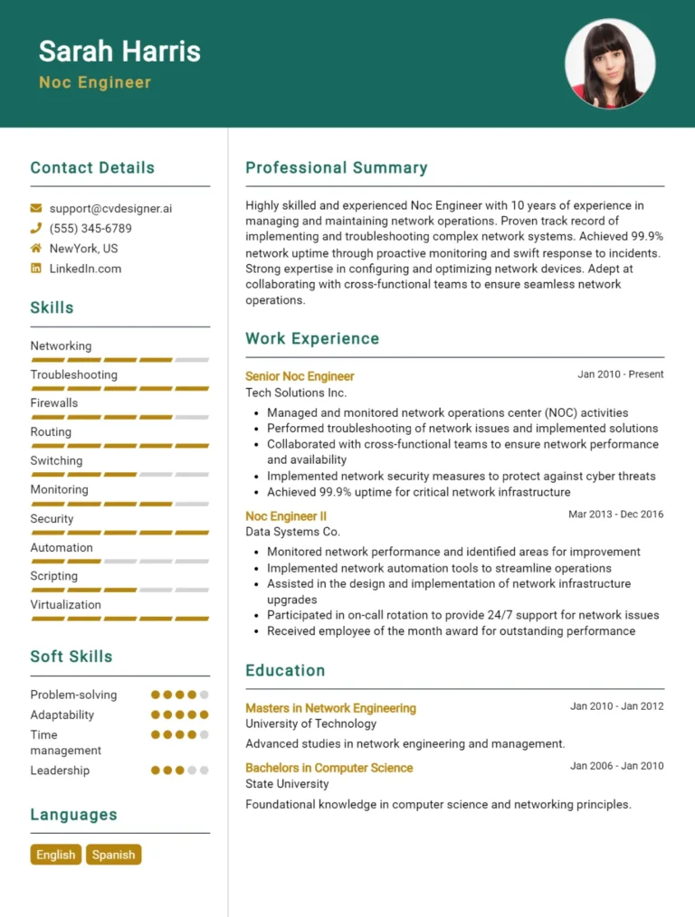 NOC Engineer CV Example For 2025: Tips & Templates